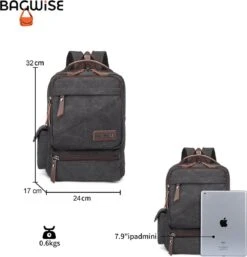 Bagwise® - Rugzak - Canvas - 15 L- Vintage - 13" Inch Laptopvak - Compact Klein -1261 Zwart -Schoolbenodigdheden 1152x1200 1