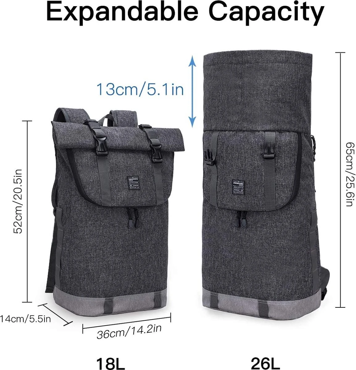 EverVanz Laptop Rugtas Vrouw & Man Roll Top Waterdicht Reizen Wandelen Rugzak Lichtgewicht Casual Dagrugzak Stijlvol Schooltas 3 EverVanz Laptop Rugtas Vrouw & Man Roll Top Waterdicht Reizen Wandelen Rugzak Lichtgewicht Casual Dagrugzak Stijlvol Schooltas - Afbeelding 3