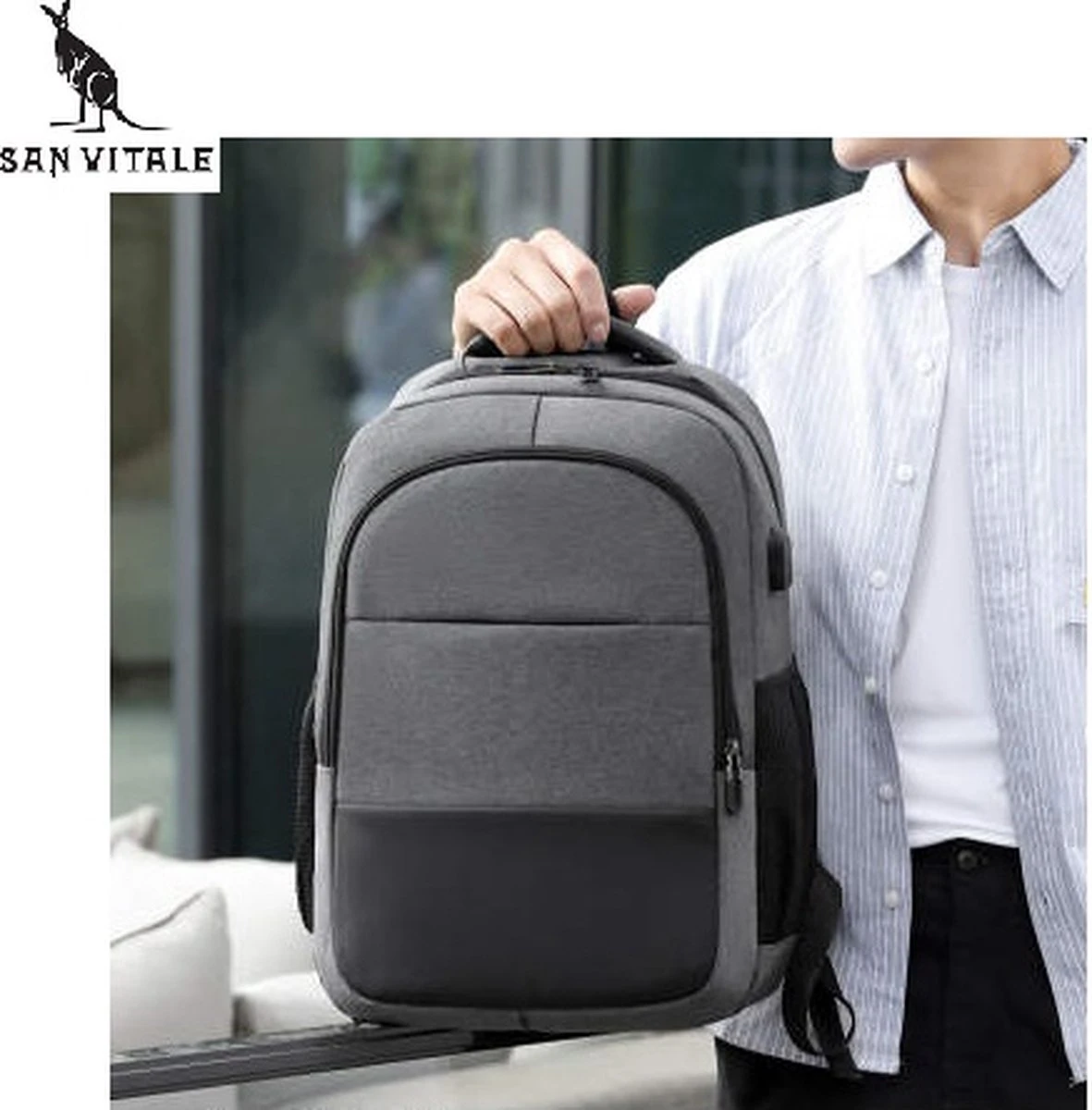 San Vitale® - Rugzak 2.0 Met USB Poort - Schooltas - 16 Inch Laptop Rugtas - Dames/Heren - 30L - Waterafstotend - Grijs 10 San Vitale® - Rugzak 2.0 Met USB Poort - Schooltas - 16 Inch Laptop Rugtas - Dames/Heren - 30L - Waterafstotend - Grijs - Afbeelding 10