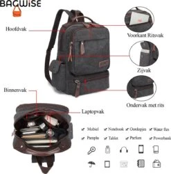 Bagwise® - Rugzak - Canvas - 15 L- Vintage - 13" Inch Laptopvak - Compact Klein -1261 Zwart -Schoolbenodigdheden 1185x1200