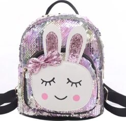 Meisjes - Rugtas - Rugzak - Schooltas - Zilver - Roze - Glitter - Tas - Konijntje - Pailletten - 3-8 Jaar - Peuter - Kleuter - CADEAU TIP!