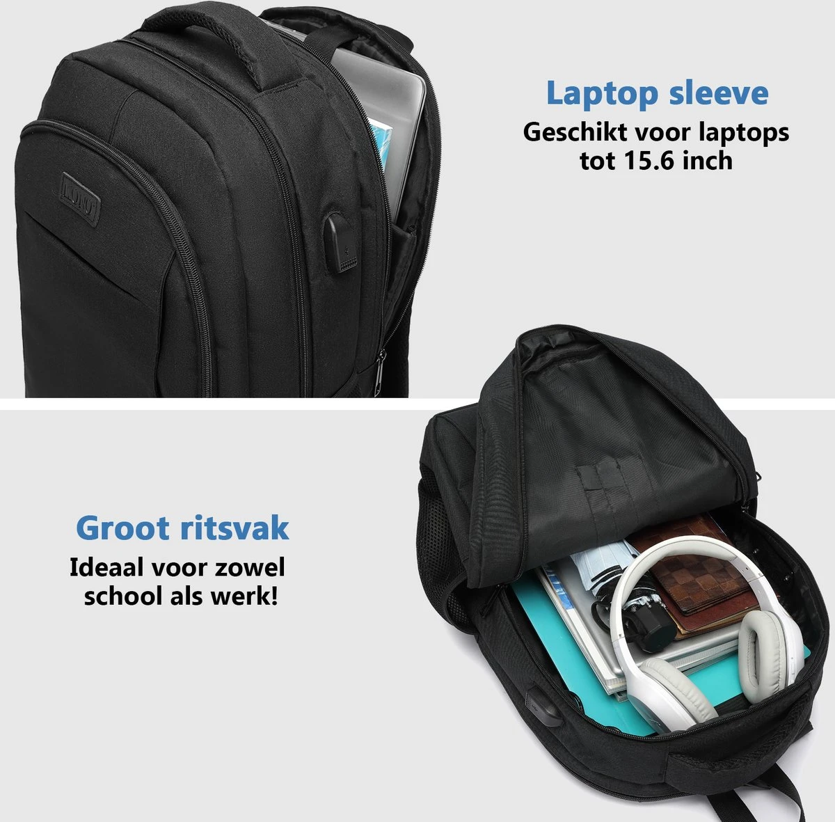 Kono Rugzak - Schooltas - 15,6 Inch Laptop Rugtas - Dames/Heren - 28L - Waterafstotend - Zwart 3 Kono Rugzak - Schooltas - 15,6 Inch Laptop Rugtas - Dames/Heren - 28L - Waterafstotend - Zwart - Afbeelding 3