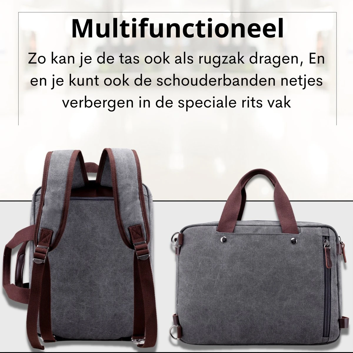 Jeusin® Multifunctionele Comfortabele Laptoptas 3-in-1 Rugtas - Schoudertas - Voor 17,3-inch Laptop Formaat - Grijs 5 Jeusin® Multifunctionele Comfortabele Laptoptas 3-in-1 Rugtas - Schoudertas - Voor 17,3-inch Laptop Formaat - Grijs - Afbeelding 5
