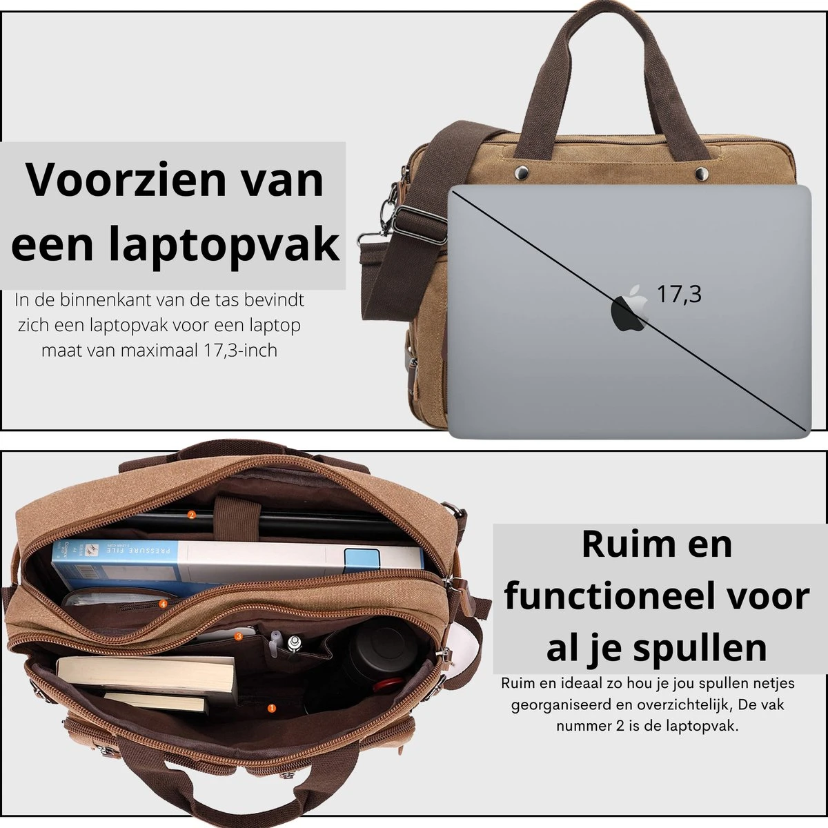 Jeusin® Multifunctionele Comfortabele Laptoptas 3-in-1 Rugtas - Schoudertas - Voor 17,3-inch Laptop Formaat - Bruin 2 Jeusin® Multifunctionele Comfortabele Laptoptas 3-in-1 Rugtas - Schoudertas - Voor 17,3-inch Laptop Formaat - Bruin - Afbeelding 2