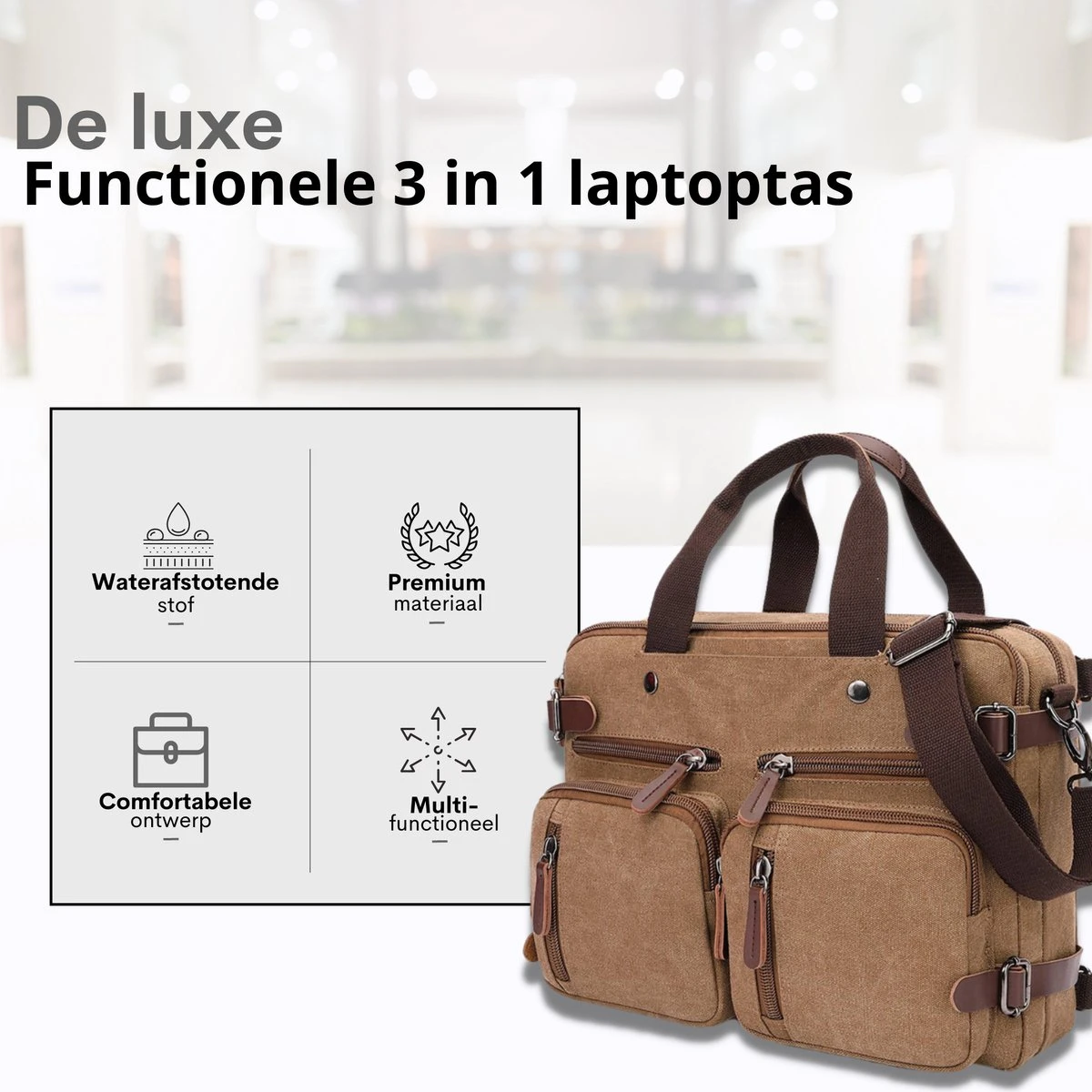 Jeusin® Multifunctionele Comfortabele Laptoptas 3-in-1 Rugtas - Schoudertas - Voor 17,3-inch Laptop Formaat - Bruin 3 Jeusin® Multifunctionele Comfortabele Laptoptas 3-in-1 Rugtas - Schoudertas - Voor 17,3-inch Laptop Formaat - Bruin - Afbeelding 3