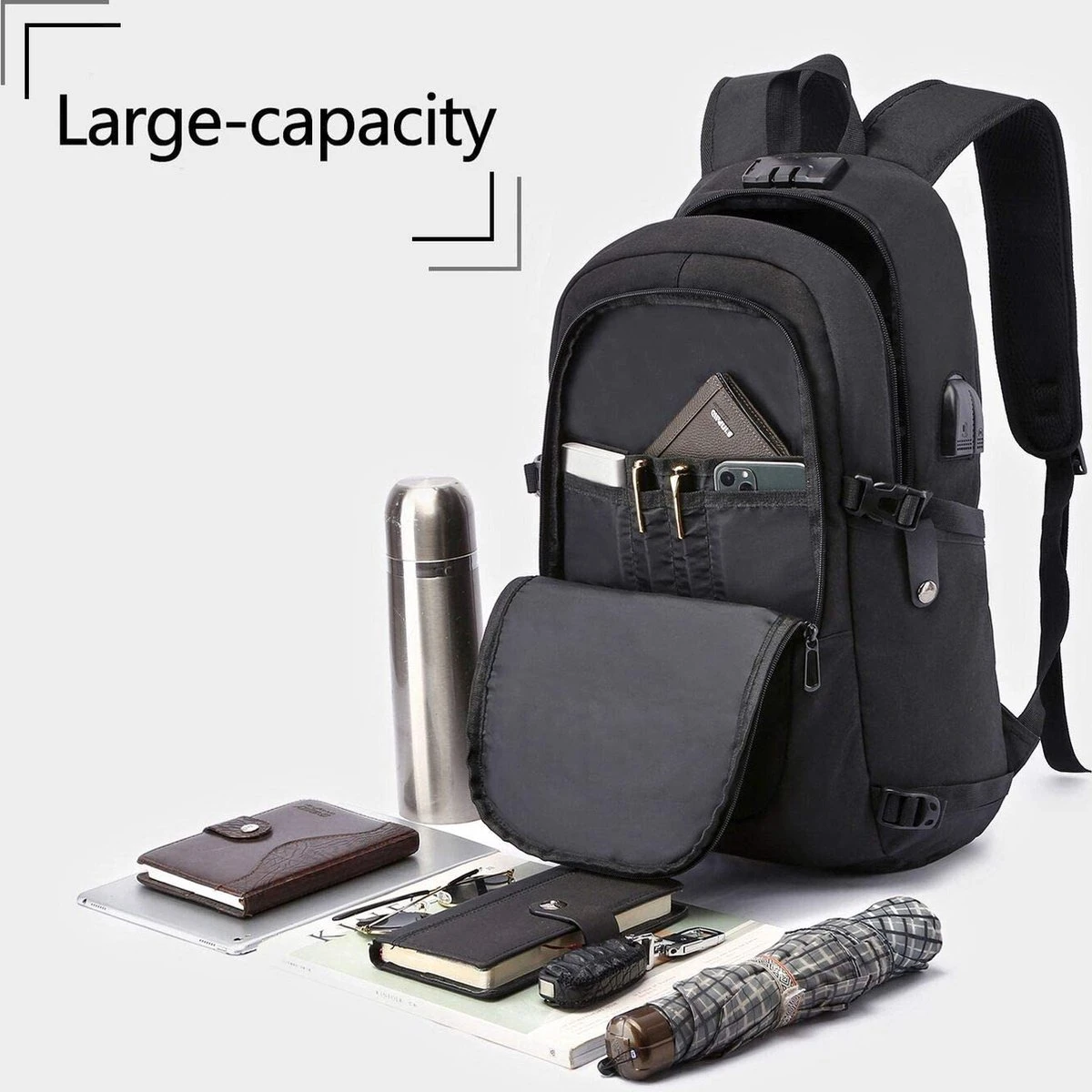 WENIG Laptop Rugzak Mens Anti-Diefstal Laptoptas 15.6 Inch Voor Werk Met USB Oplaadpoort Zakenreis Rugzak Voor Men Notebook Waterdichte School Rugzak Jongens Tiener Zwart 2 WENIG Laptop Rugzak Mens Anti-Diefstal Laptoptas 15.6 Inch Voor Werk Met USB Oplaadpoort Zakenreis Rugzak Voor Men Notebook Waterdichte School Rugzak Jongens Tiener Zwart - Afbeelding 2