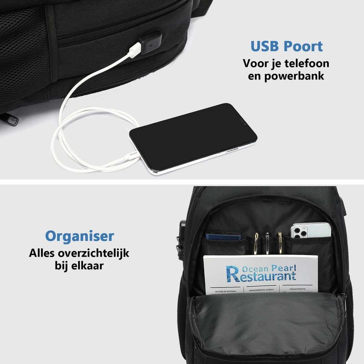 Kono Rugzak - Schooltas - 15,6 Inch Laptop Rugtas - Dames/Heren - 28L - Waterafstotend - Zwart 2 Kono Rugzak - Schooltas - 15,6 Inch Laptop Rugtas - Dames/Heren - 28L - Waterafstotend - Zwart - Afbeelding 2