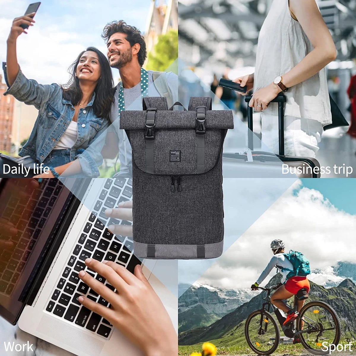 EverVanz Laptop Rugtas Vrouw & Man Roll Top Waterdicht Reizen Wandelen Rugzak Lichtgewicht Casual Dagrugzak Stijlvol Schooltas 6 EverVanz Laptop Rugtas Vrouw & Man Roll Top Waterdicht Reizen Wandelen Rugzak Lichtgewicht Casual Dagrugzak Stijlvol Schooltas - Afbeelding 6