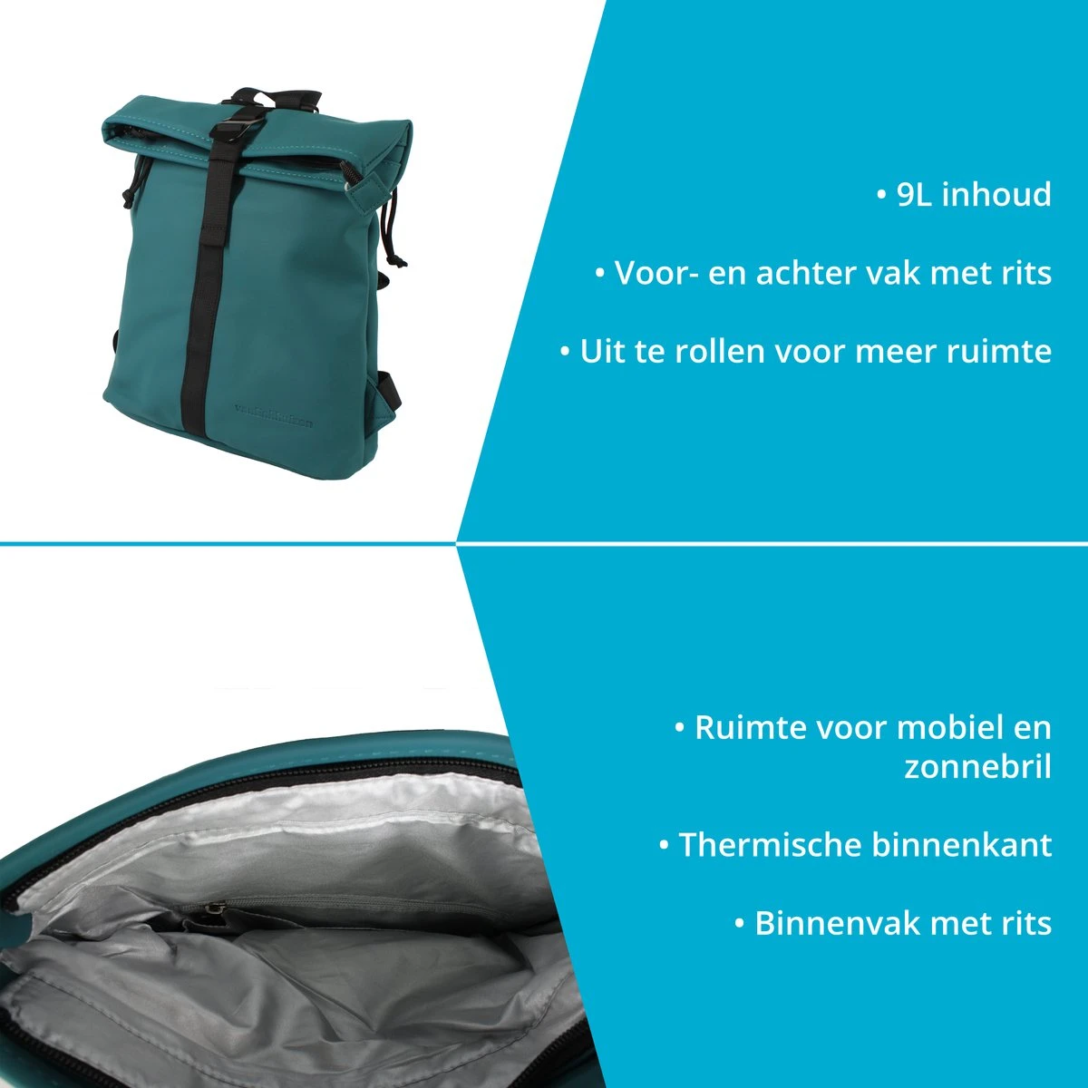 VanEnkhuizen Rolltop Rugzak 9 Liter - Waterafstotend En Thermo Materiaal - Turquoise 3 VanEnkhuizen Rolltop Rugzak 9 Liter - Waterafstotend En Thermo Materiaal - Turquoise - Afbeelding 3