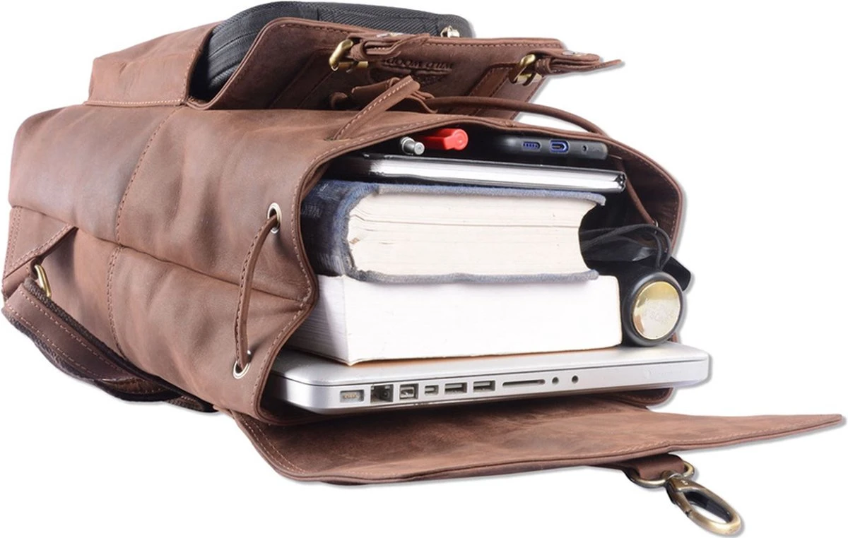 WILD WOODS Leren Unisex Rugzak Met Voorvak - Dames En Heren - Wandel Rugtas - Buffelleer - Vintage Donkerbruin 4 WILD WOODS Leren Unisex Rugzak Met Voorvak - Dames En Heren - Wandel Rugtas - Buffelleer - Vintage Donkerbruin - Afbeelding 4