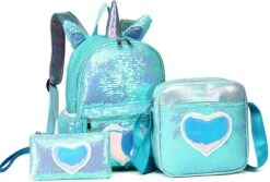 Eenhoorn Schooltas - Rugzak - Unicorn Rugtas 42 X 30 X 14 Cm- Kinderrugzak - Sequin- Luxe Giftset - Pailletten - Inclusief Tas + Etui - Turquoise - Voor Al Je Speelgoed En Schoolspullen