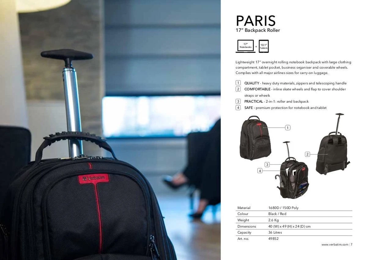 Verbatim Paris 17 Inch Laptoprugzak Met Wieltjes 8 Verbatim Paris 17 Inch Laptoprugzak Met Wieltjes - Afbeelding 8