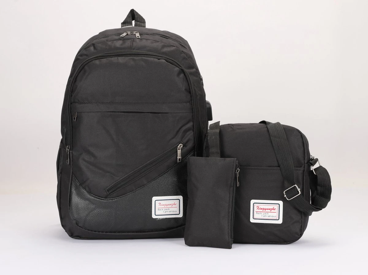 Dailyibed - 3 Delige Rugzak Set - 1980 - Schooltas - Laptoptas - Schoudertas - Usb Poort - Zwart 1 Dailyibed - 3 Delige Rugzak Set - 1980 - Schooltas - Laptoptas - Schoudertas - Usb Poort - Zwart