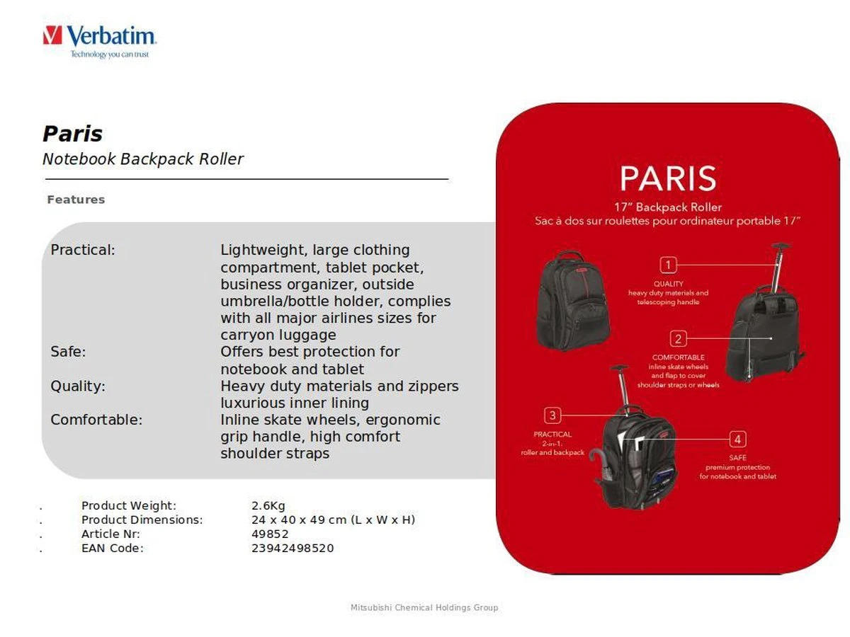 Verbatim Paris 17 Inch Laptoprugzak Met Wieltjes 10 Verbatim Paris 17 Inch Laptoprugzak Met Wieltjes - Afbeelding 10