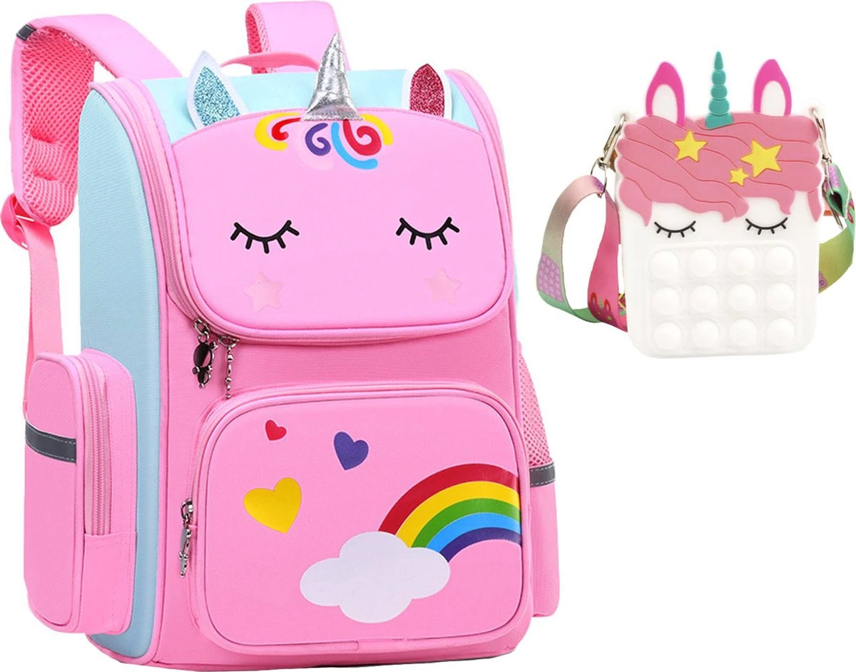 Pop It Tasje + Schooltas Meisje - Fidget Toys - Kinderrugzak - Rugtas Meisje - Roze - 40 X 27 X 15 Cm 1 Pop It Tasje + Schooltas Meisje - Fidget Toys - Kinderrugzak - Rugtas Meisje - Roze - 40 X 27 X 15 Cm