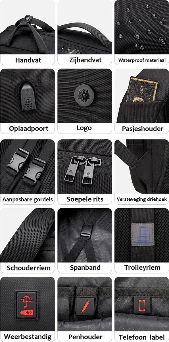 Golden Wolf Rugzak Anti-diefstal / Rugtas / Reistas / Weekendtas / Schooltas / 46x31x18(of 27)cm (25 Of 37l)/ Laptop 17 Inch / USB -oplaadpoort / Zwart / Waterfles 5 Golden Wolf Rugzak Anti-diefstal / Rugtas / Reistas / Weekendtas / Schooltas / 46x31x18(of 27)cm (25 Of 37l)/ Laptop 17 Inch / USB -oplaadpoort / Zwart / Waterfles - Afbeelding 5