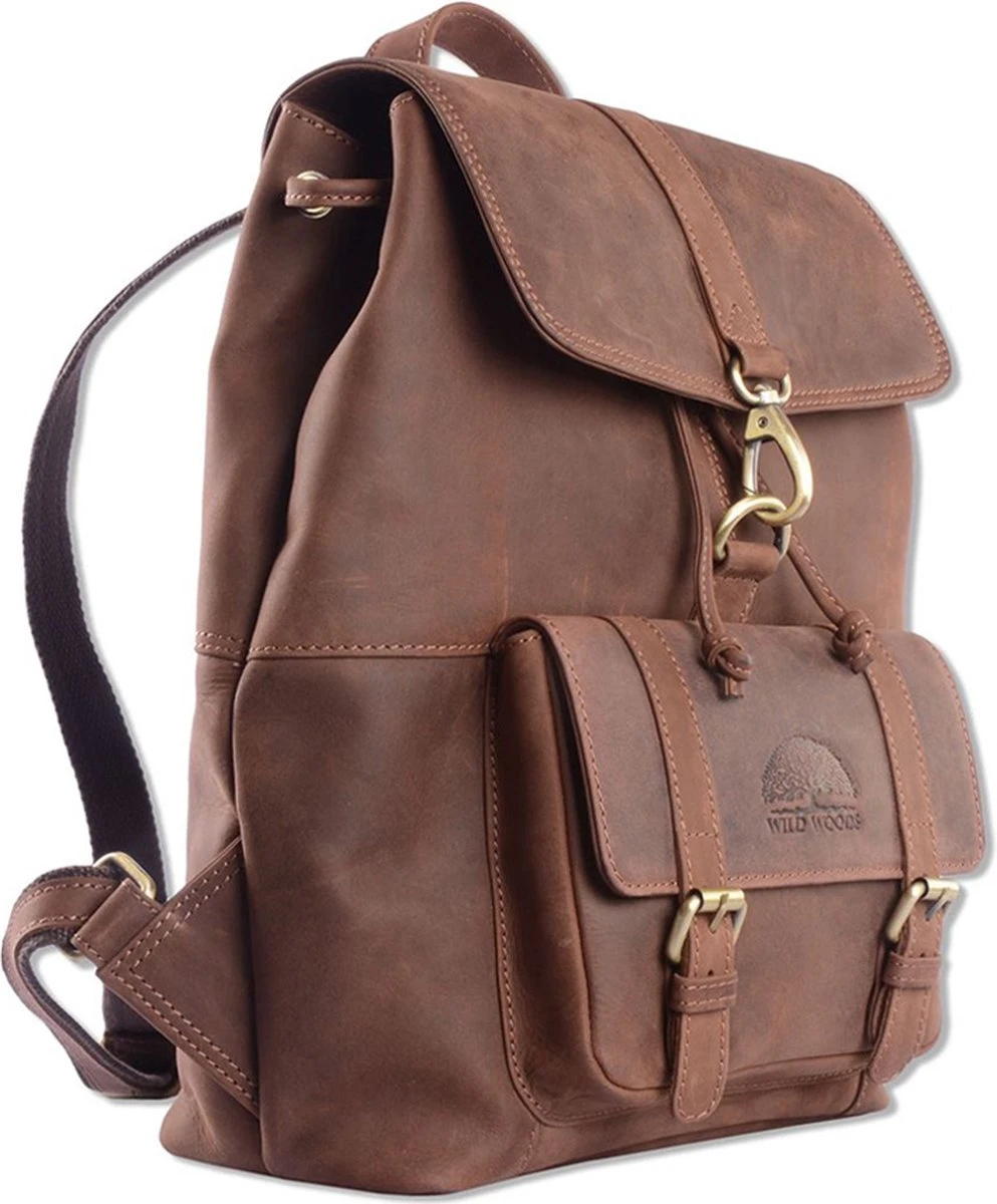 WILD WOODS Leren Unisex Rugzak Met Voorvak - Dames En Heren - Wandel Rugtas - Buffelleer - Vintage Donkerbruin 1 WILD WOODS Leren Unisex Rugzak Met Voorvak - Dames En Heren - Wandel Rugtas - Buffelleer - Vintage Donkerbruin